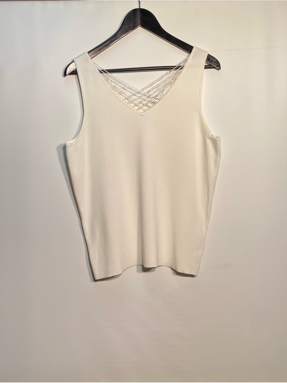 Cream V-Neck Bead-Detail Tank Top